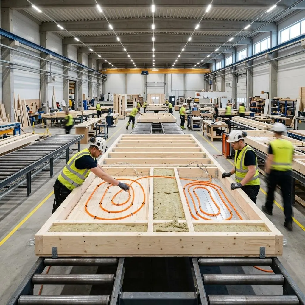 Wandelement mit orangefarbenen Rohrschlangen in einer Werkhalle
