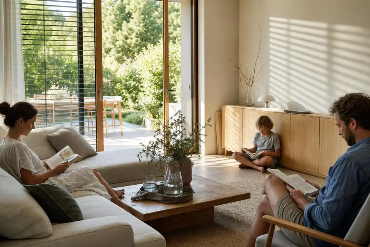 Sommerliches Wohnzimmer mit schattenspendenden Außenjalousien und ruhiger Familienatmosphäre