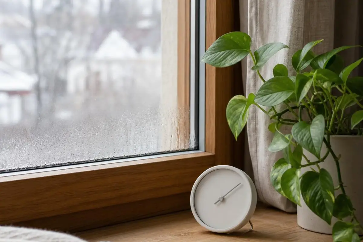 Unbeschrifteter Feuchtemesser am Fenster zwischen Pflanze und Leinenvorhang