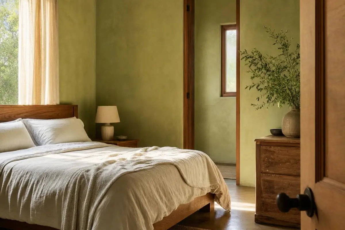 Ruhiges Schlafzimmer mit Leinenbettwäsche Holz und sanftem Morgenlicht
