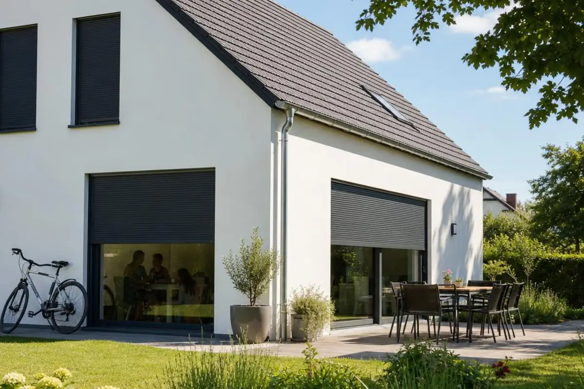 Modernes Wohnhaus mit geschlossenen Außenjalousien während eines sonnigen Sommertags