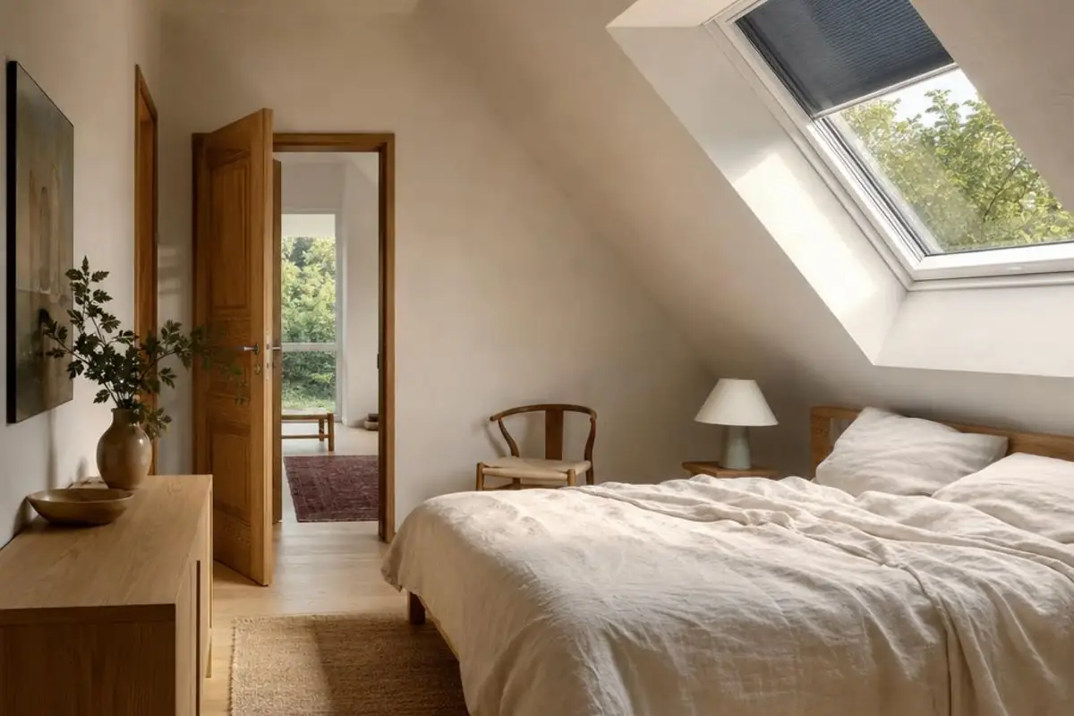 Dachschlafzimmer mit außenliegender Verschattung und heller sommerlicher Einrichtung