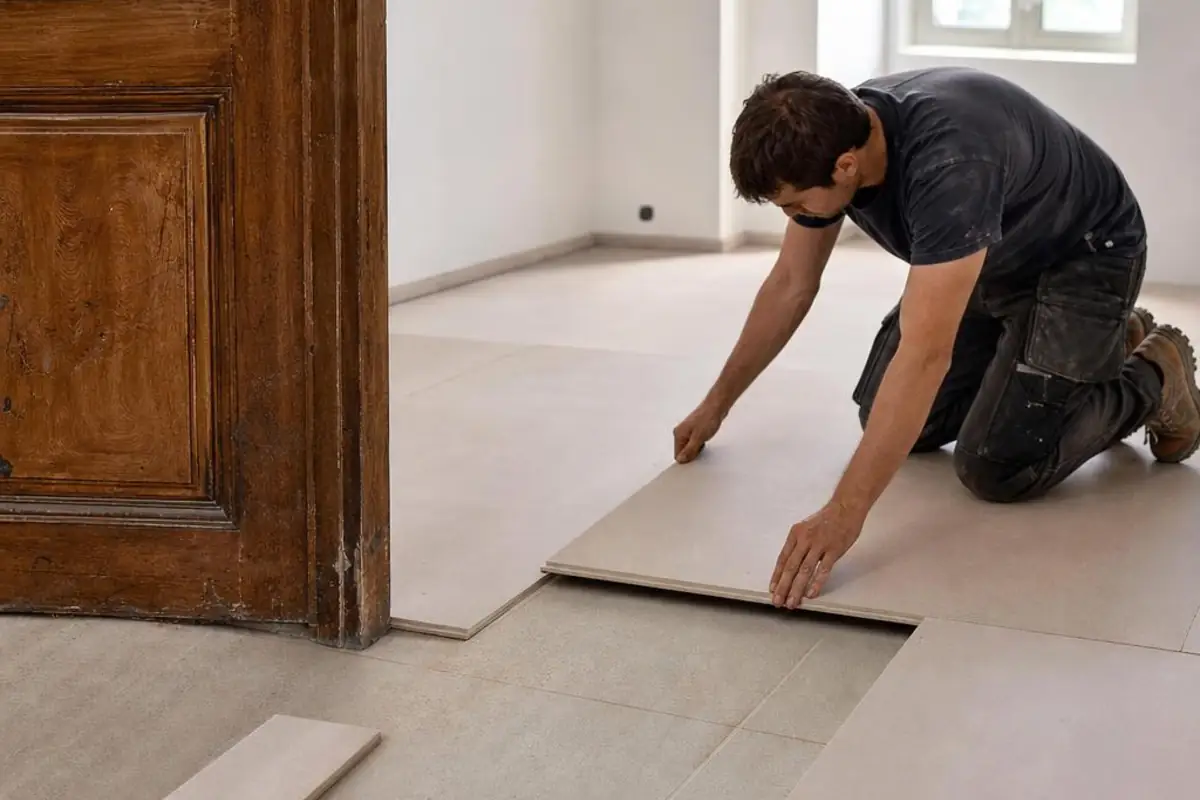 Handwerker verlegt trockene Bodenelemente bei einer behutsamen Wohnraumsanierung