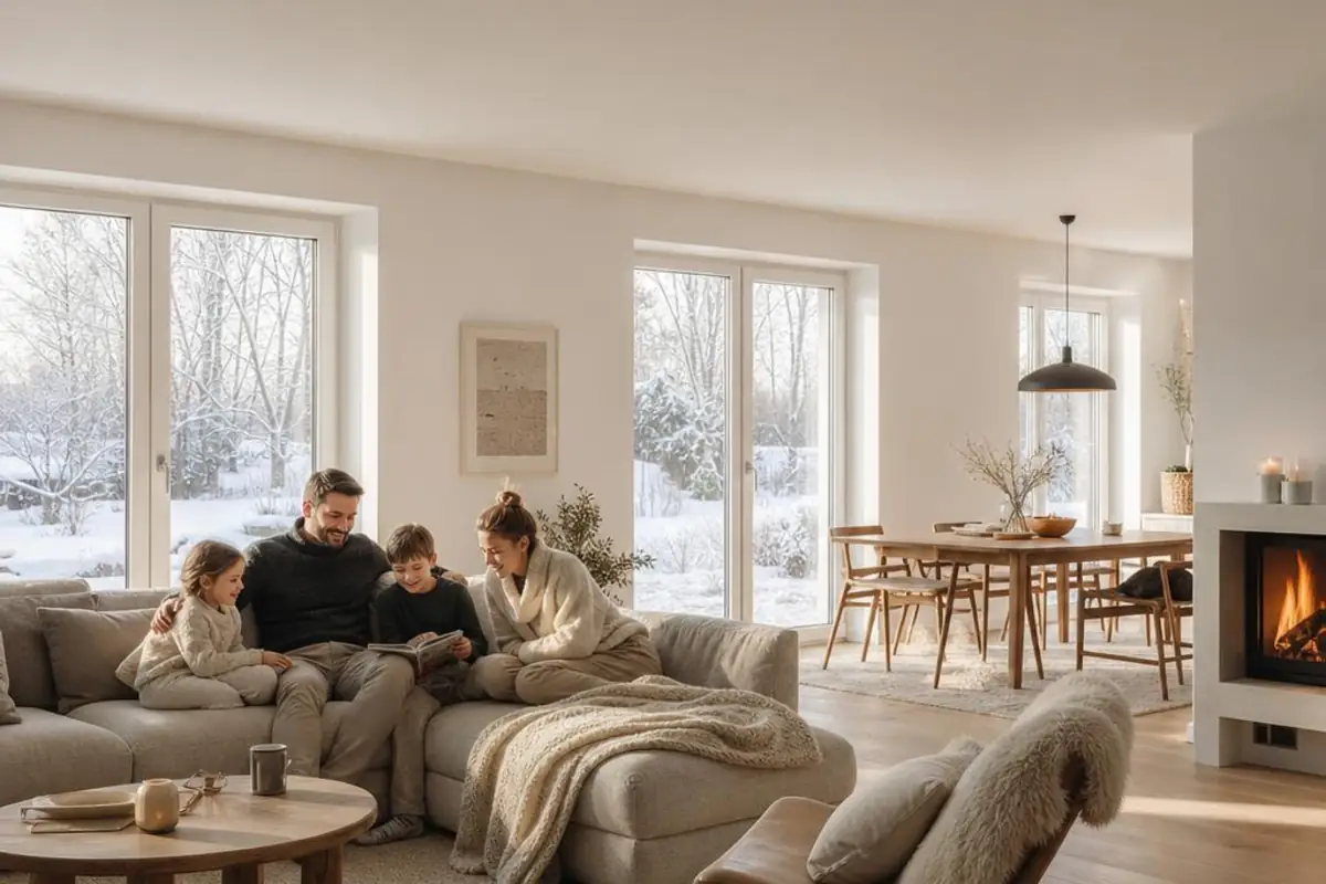 Behaglicher Wohnraum mit trockener Decke und warmen natürlichen Materialien